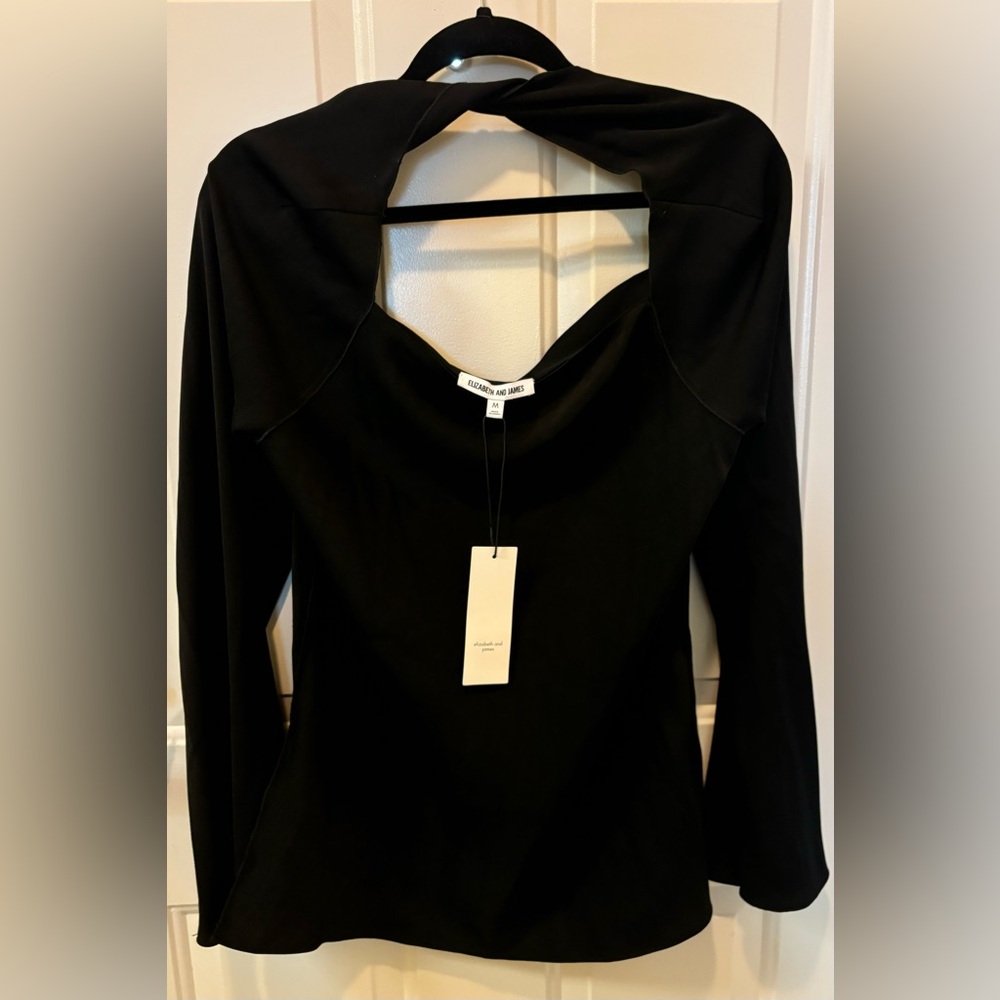 ELIZABETH & JAMES Black Twist-Back Long-Sleeve Crepe Blouse Medium NWT